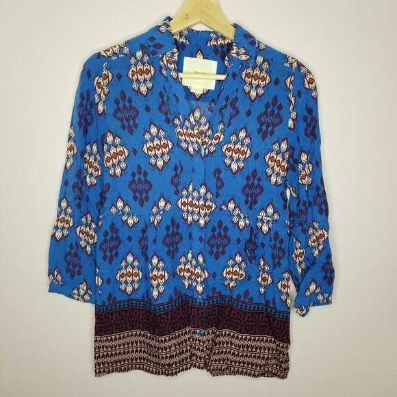 Anthropologie Maeve Blue Woodland Walk Aztec Print Blouse 3/4 Sleeve Size 2 - Picture 1 of 12
